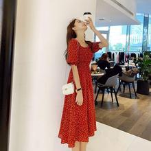 尘颜女装enjoy官方2019夏季气质一字肩雪纺法式复古波点连衣裙很
