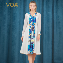 VOA30姆米蓝色重磅真丝印花本白拼接尖角领拱针育克褶挺括连衣裙图片