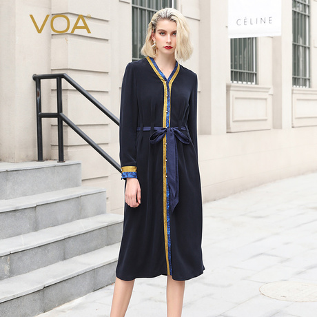 VOA重磅真丝撞色拼接立体褶皱系带单排扣中长款复古连衣裙A10081商品大图