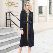 VOA重磅真丝撞色拼接立体褶皱系带单排扣中长款复古连衣裙A10081图片