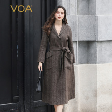 VOA灰驼倆色大翻领中腰系带暗门襟中长款欧美风条纹羊毛大衣8369图片