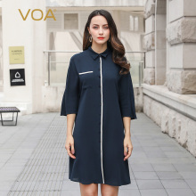 VOA藏青色七分蝙蝠连袖POLO领不对称包边中长款女真丝衬衫B7396图片
