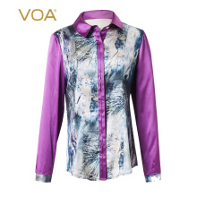 VOA丝绸印花拼接POLO领长袖单排扣简约修身真丝衬衫图片