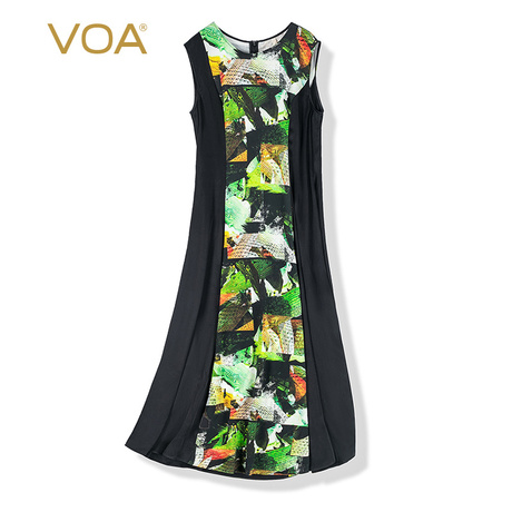VOA36姆米重磅真丝印花拼接圆领无袖中腰修身长款大摆真丝连衣裙商品大图