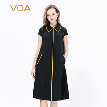 VOA36姆米重磅真丝黑底金色毛边娃娃领包肩短袖斜袋长拉链连衣裙图片