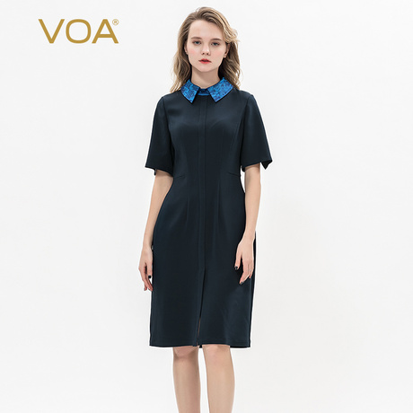 VOA36姆米重磅真丝色织翻领开叉五分袖假襟高腰微弹合体一步裙商品大图