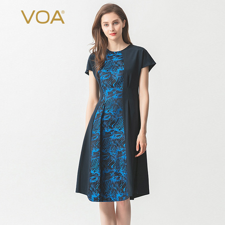 VOA藏青重磅弹力丝绸撞料蓝黑色织提花真丝不对称拼接中款连衣裙商品大图