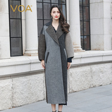 VOA条纹拼接大翻领插肩袖斜插袋开衫式长款直筒双面羊毛大衣8327图片