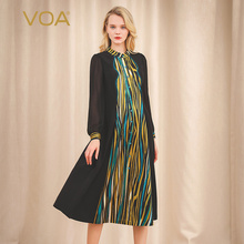 VOA36姆米真丝重磅竖条纹印花拼接撞色拱针立领单排扣挺括连衣裙图片