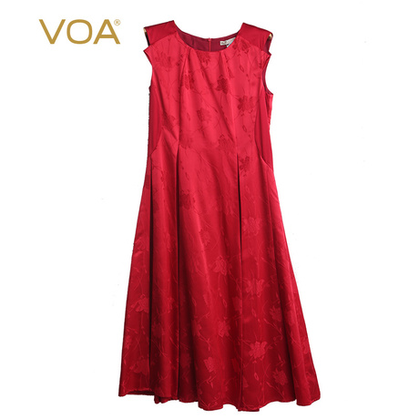 VOA大红20姆米暗纹提花真丝撞料拼贴圆领拉链无袖连衣裙（孤品）商品大图