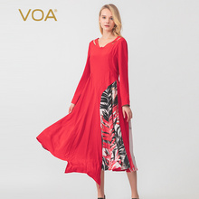 VOA36姆米重磅真丝撞料拼接长袖假两件大摆飘逸连衣裙 只此一件图片