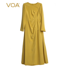 VOA(孤品)金黄36姆米重磅真丝圆领裹衣式撞料拼接长袖挺括连衣裙图片