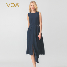 VOA藏青重磅真丝圆领中腰长款不规则裙摆干练OL风连衣裙 只此一件图片