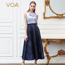 VOA34姆米重磅真丝钉珠塔克褶收腰撞料色织提花拼接无袖连衣裙图片