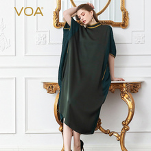 VOA40姆米重磅真丝茶绿拼接半高领蝙蝠袖宽松套头斗篷连衣裙A313图片