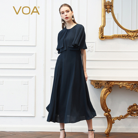 VOA41姆米重磅真丝藏青圆领中腰短袖斗篷假两件连衣裙A326商品大图