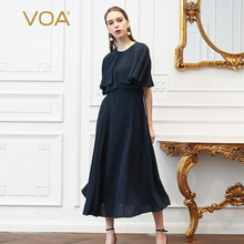 VOA41姆米重磅真丝藏青圆领中腰短袖斗篷假两件连衣裙A326图片