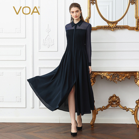 VOA41姆米重磅真丝水手蓝翻领暗襟透视长袖下摆开叉显瘦连衣裙女商品大图