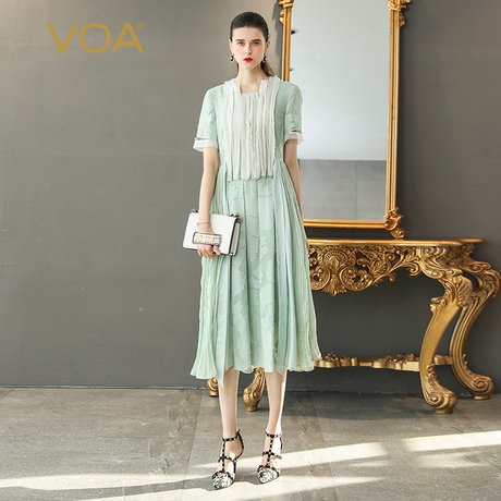VOA20姆米真丝立体褶裥装饰时尚剪花优雅大方腰带短袖连衣裙A500商品大图