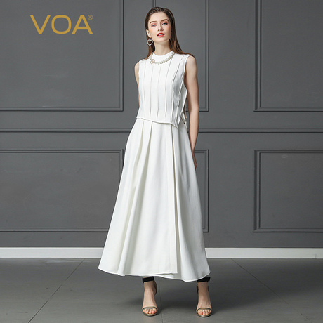 VOA30姆米重磅真丝半高领中腰无袖大摆A型假俩件连衣裙商品大图
