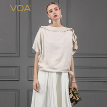 VOA2019新款真丝纯色拼接褶皱绑带丝绸短袖桑蚕丝连袖T恤女B725图片