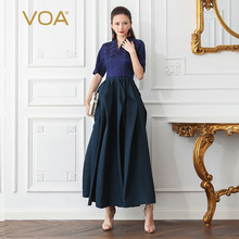 VOA藏青39姆米重磅真丝和服领连肩五分袖高腰翻叶大摆立体连身裙图片