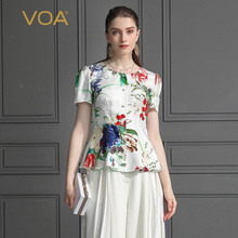 VOA2019新款花色真丝纽扣印花丝绸简约百搭桑蚕丝短袖衬衫女Y359图片