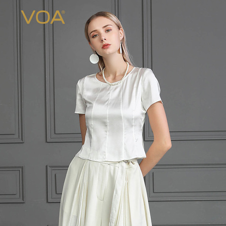 VOA2019春夏新款真丝上衣圆领套头短袖丝绸桑蚕丝T恤女 B710商品大图