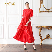 VOA重磅真丝连衣裙喜庆中国红荷叶袖背后披肩式飘带仙女裙A586图片