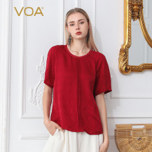 VOA2019新款真丝纯色拼接褶皱对丝丝绸短袖桑蚕丝插肩袖T恤女B688图片