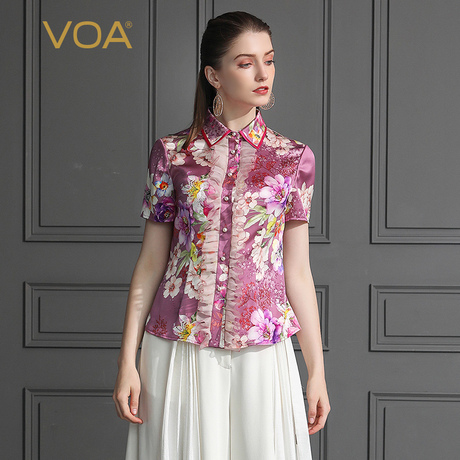 VOA018新款真丝丝绸上衣立领短袖街头时尚欧美风桑蚕丝衬衫女B613商品大图
