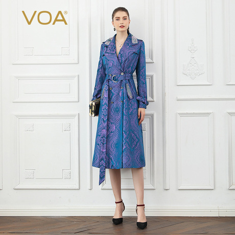 VOA 色织真丝双排扣肩章斜插袋长袖宽松袖袢收拢复古长风衣F339商品大图