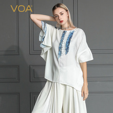 VOA2019新款真丝荷叶边纯色拼接丝绸短袖桑蚕丝蝙蝠袖T恤女B562图片