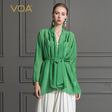 VOA 真丝纯色系带长袖外套2019新款中长款丝绸桑蚕丝防晒衫B2101图片