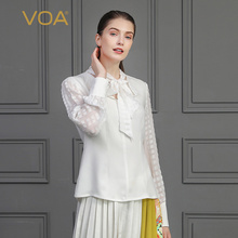 VOA白色重磅真丝衬衫长袖系带蝴蝶结围巾简洁V领不对称T恤B796图片