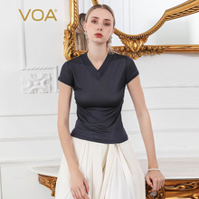 VOA2019春夏新款真丝T恤鸡心领短袖修身显瘦基本款丝绸上衣女B719图片