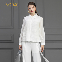VOA收拢袖口单排扣乔其欧根纱活页拼接简约白领真丝衬衫B806图片