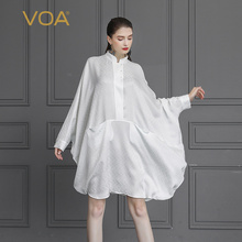 VOA白色真丝长款Oversize风格宽松袍子女式上衣裙子两穿B0812图片
