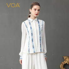 VOA重磅真丝椰奶白拼接优雅衬衫女长袖2019新款丝绸上衣女B330图片