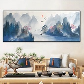 饰画横版书房餐厅挂画中国风山水风景壁画 新中式手绘油画客厅装