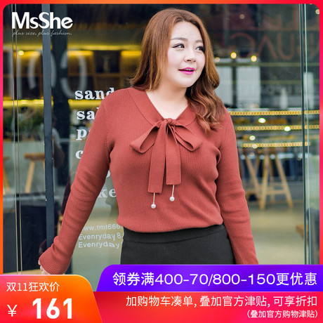 MsShe大码女装2018新款冬装蝴蝶结系带胖mm毛衣针织衫M1813094商品大图