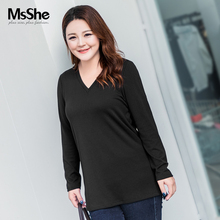 MsShe加大码女装2018新款秋装V领胖mm基础针织坑条t恤M1832145图片