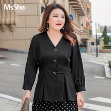 MsShe大码女装2018新款秋装胖mm简约素色收褶V领弹力衬衫M1833058图片