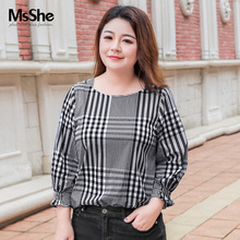 MsShe大码女装2018新款秋装上衣胖mm套头衫宽松格子衬衫M1833055图片