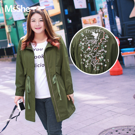 MsShe大码女装胖妹妹200斤胖mm韩版刺绣收腰抽绳风衣M1730061商品大图