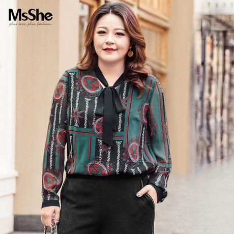 MsShe加大码女装2018新款秋装胖mmV领绑带印花雪纺衬衫M1833124商品大图