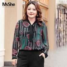 MsShe加大码女装2018新款秋装胖mmV领绑带印花雪纺衬衫M1833124图片