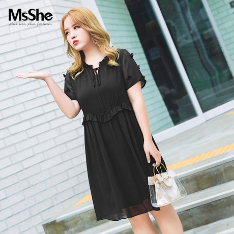 MsShe大码女装2018新款夏装胖mm花朵装饰绑带雪纺连衣裙M1822209商品大图