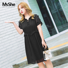 MsShe大码女装2018新款夏装胖mm花朵装饰绑带雪纺连衣裙M1822209图片