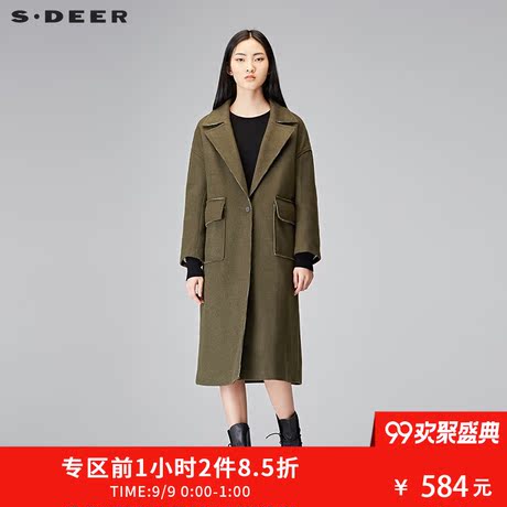 sdeer圣迪奥女时尚军绿平驳领口中长款毛呢直筒大衣S17481863商品大图
